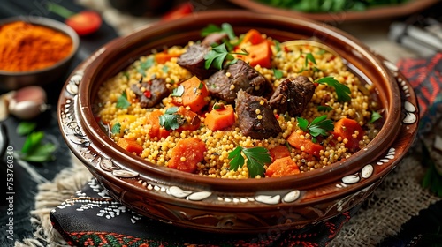 A traditional Moroccan couscous dish served with tender lamb and vegetables