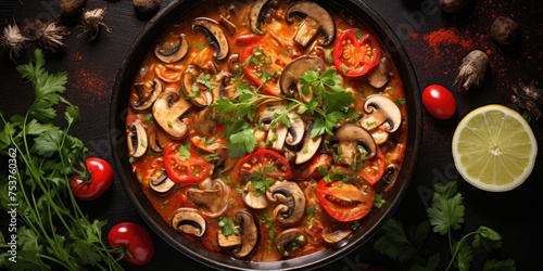 Spicy shrimp soup (tom yam), A dish of shrimp and mushrooms with herbs and spices. Generative AI