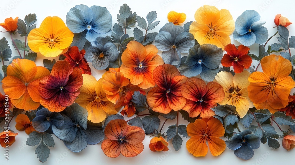 a close up of a bunch of flowers on a white background with orange, blue, and red flowers on it.