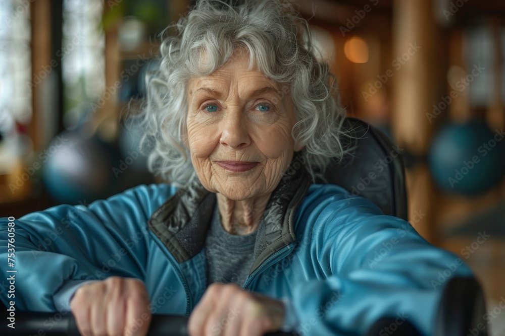 A portrait of an aging yet active woman in gym attire, exercising and showing dedication to her health and fitness A portrait of an aging yet active woman in gym attire, exercising and showing dedication to her health and fitness
