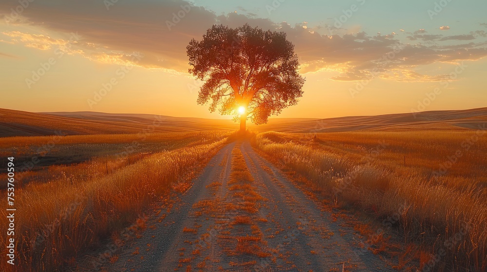 a lone tree on a dirt road in the middle of a wheat field with the sun setting in the distance.