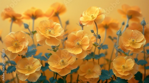 a bunch of yellow flowers with green leaves on a yellow background with a blurry image of a bunch of yellow flowers with green leaves on a yellow background. photo