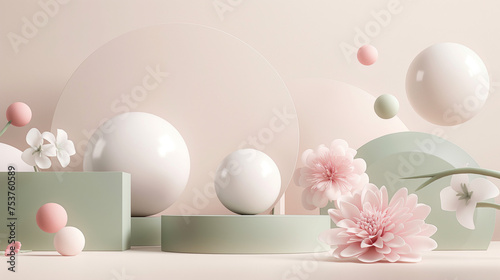 Holiday pink, white and green composition, flowers and balls on geometric boxes, minimalistic bright Easter stage