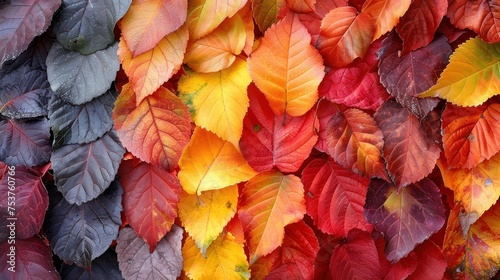 a bunch of colorful leaves that are on the side of a wall that is covered in red, yellow, and green leaves.