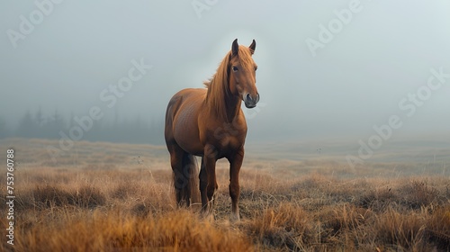 A lone chestnut horse stands gracefully in a misty and tranquil field at dawn. © Dionysus