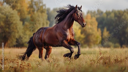 Majestic bay horse galloping freely in an autumn meadow at golden hour 