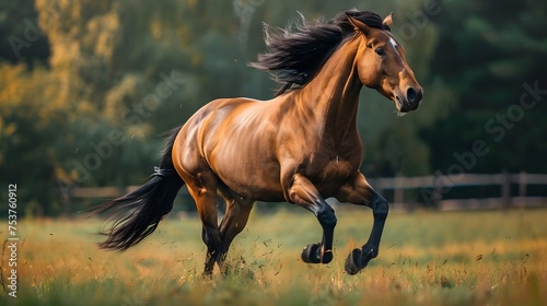 Majestic brown horse galloping freely across a vibrant green meadow at golden hour, showcasing its elegant movement and powerful grace.