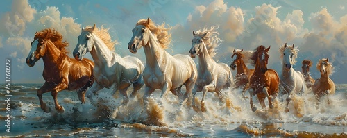A dynamic herd of horses galloping through the shallow sea under a dramatic sky. photo