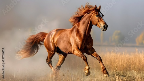 A majestic chestnut horse galloping freely across a field with a dust trail in the golden light of dawn.  © Munali