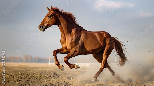 A majestic chestnut horse galloping energetically across a dusty field under a clear sky. 