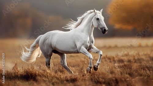 Majestic white horse galloping freely across a serene autumn field with golden tones in the background 