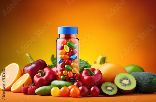 clear capsule overflowing with essential multivitamins and dietary supplements, surrounded by an array of colorful, fresh vegetables and fruits, symbolizing a health-conscious lifestyle choice