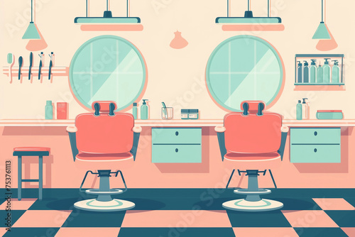 a vintage poster of a hairdresser salon, pastel colors, flat design, plain background