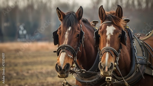 Two brown horses with harnesses standing side by side in a rural setting looking towards the camera