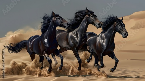 A dynamic image of wild horses running freely across a sandy terrain under a dusky sky.
