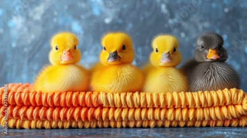 a group of little yellow ducks sitting on top of a pile of corn husks in front of a blue background. photo