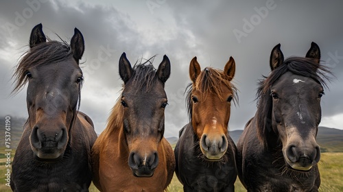 Four curious horses standing side by side under an overcast sky. photo