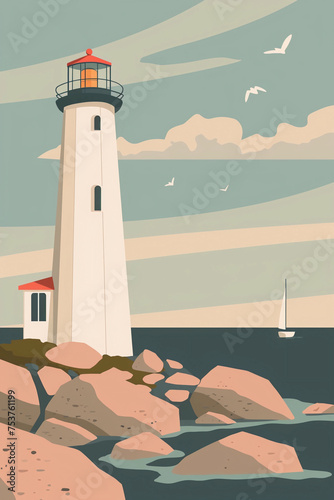 a vintage poster of a lighthouse, pastel colors, flat design, plain background