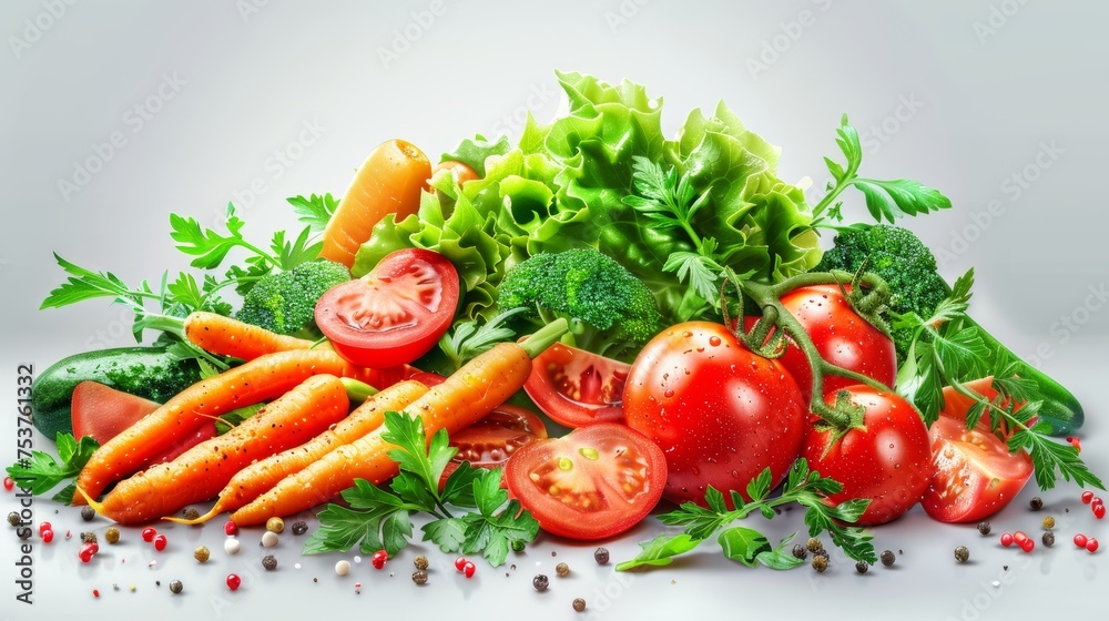 A vibrant and colorful vegetable salad, bursting with fresh greens, juicy tomatoes, and crunchy carrots, rendered in a realistic and lifelike 