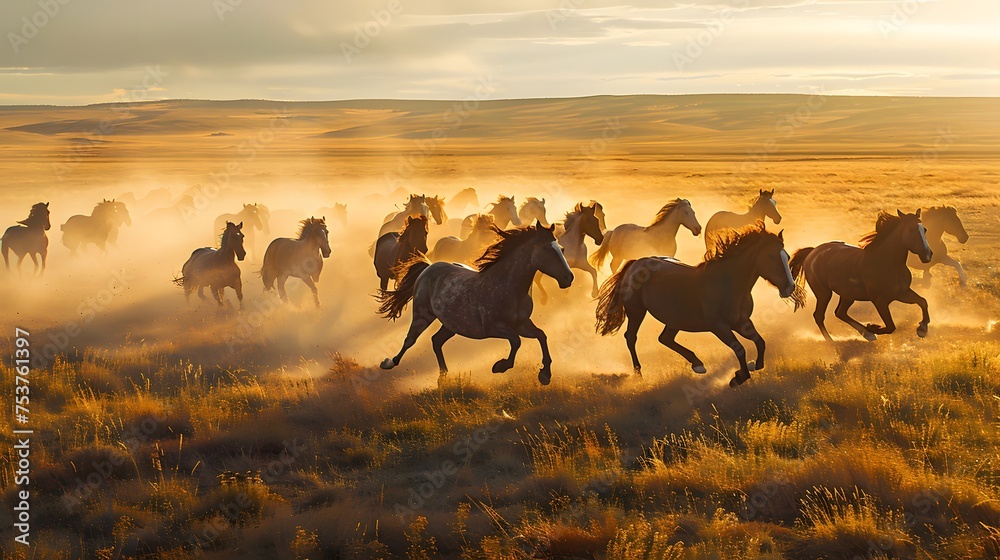 A herd of horses galloping through a dusty field at sunset, backlit by the golden light that creates an atmospheric scene. 