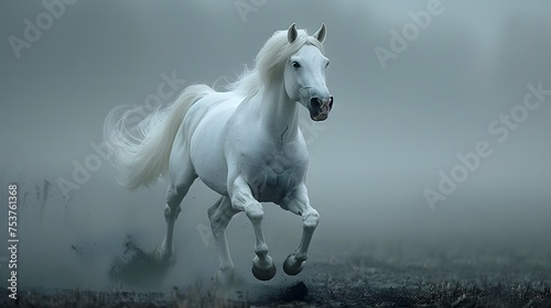 A majestic white horse runs through a misty setting with its mane flowing in the breeze. 