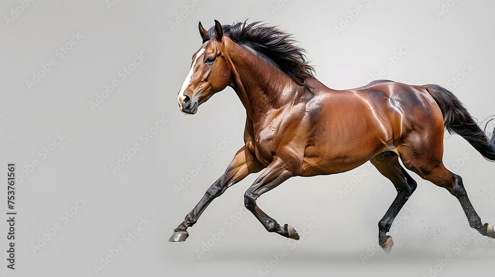 A bay horse in mid-gallop, with its mane and tail flowing in the motion. The background is a neutral, light gray, accentuating the horse's powerful muscles and the energy of its movement. - obrazy, fototapety, plakaty 