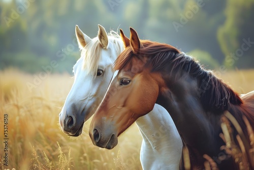 Two horses bonding in a serene field during golden hour 