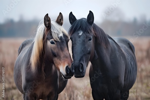 two horses with shiny black coats, standing close together and looking in the same direction with a poised and attentive gaze. The dark background highlights their features and gives the photograph a 