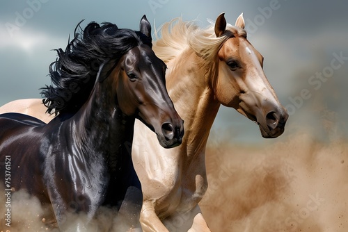 Two majestic horses galloping together with windswept manes and a dramatic sky background, creating a dynamic and powerful scene. 