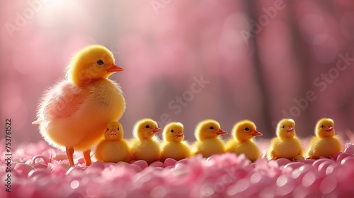 a group of small yellow ducks standing next to each other on a bed of pink flowers in front of a pink background. photo