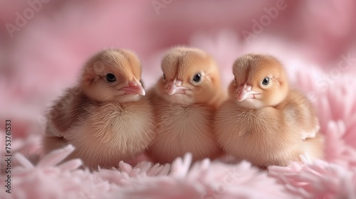 a group of three little birds sitting next to each other on a bed of fluffy pink flowers with one looking at the camera. photo