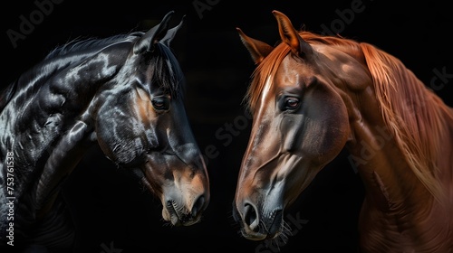 Two majestic horses with shiny coats standing face to face against a dark background
