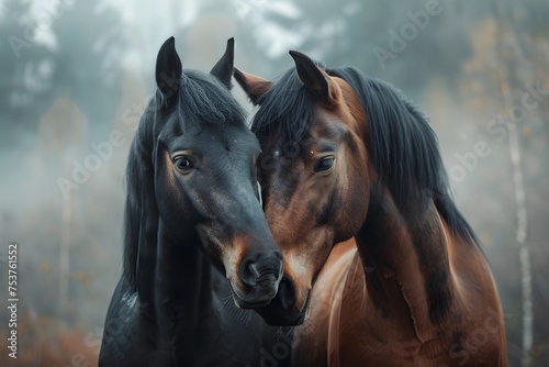 Two horses bonding in a misty forest setting, demonstrating a serene connection between animals.