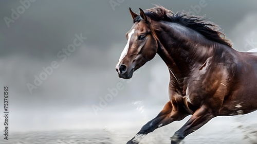 A majestic brown horse galloping with strength and grace against a blurred background  showcasing its powerful motion and beauty. 