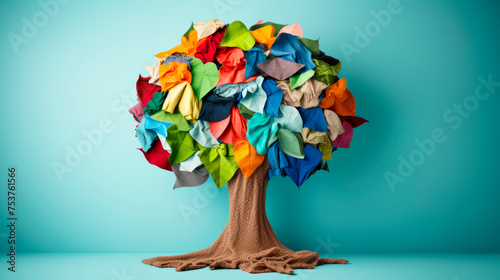 A tree with leaves made of folded clothes in the shape of a globe. It represents a greener and more sustainable world through clothing donations. photo