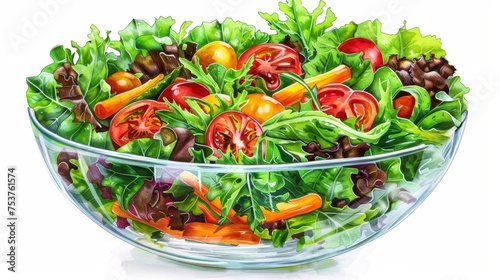 A vibrant and colorful vegetable salad, bursting with fresh greens, juicy tomatoes, and crunchy carrots, rendered in a realistic and lifelike 