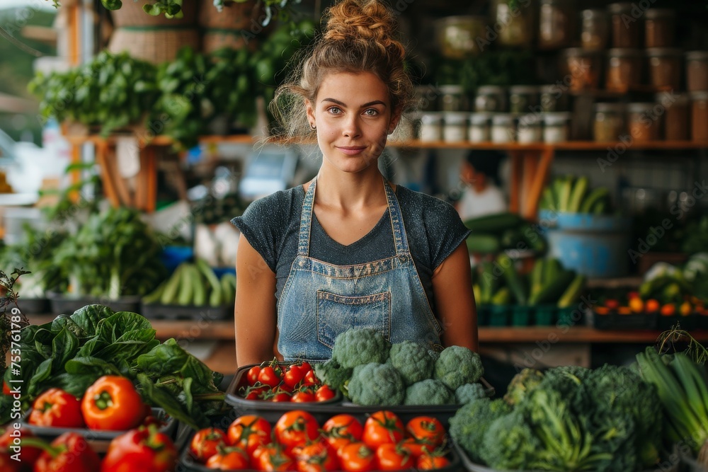 Cheerful young woman showcasing an assortment of fresh produce Cheerful young woman showcasing an assortment of fresh produce