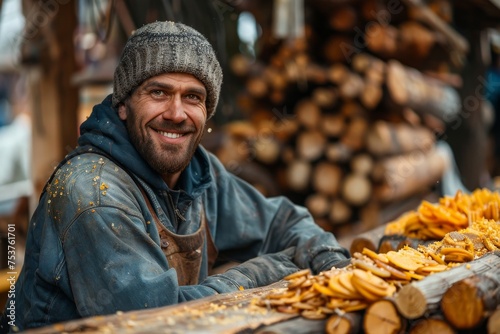 Cheerful woodworker covered in shavings at his workshop photo
