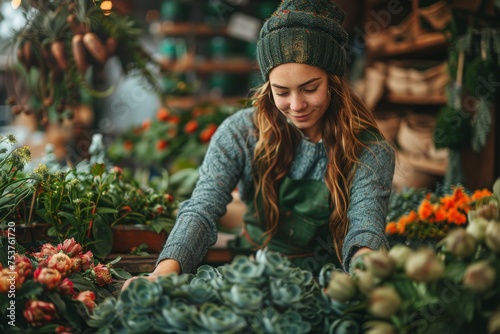 Attractive woman carefully choosing plants at a floral market photo