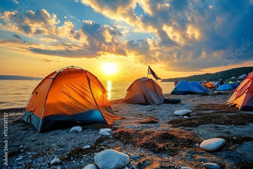 Many tourist tents stand on the river shore in a campsite