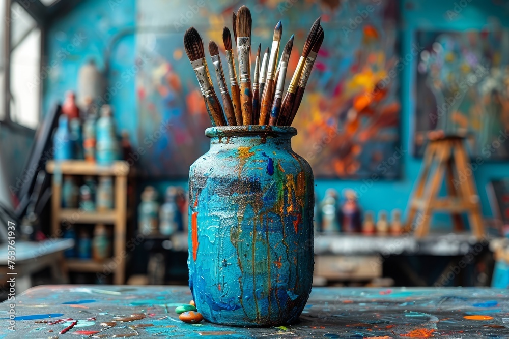 An artist's pot filled with a bundle of paintbrushes set against a vibrant backdrop of a paint-splattered studio An artist's pot filled with a bundle of paintbrushes set against a vibrant backdrop of a paint-splattered studio