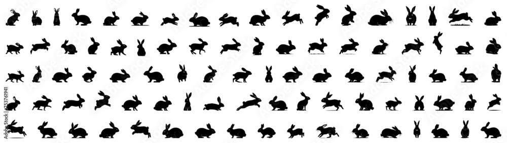 Rabbit silhouettes Black vector set featuring different poses, Easter bunny from various angles and postures including side, back, close up, sitting, standing, running. Generative AI - obrazy, fototapety, plakaty 