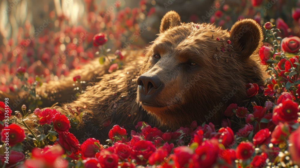 Obraz premium a close up of a bear in a field of flowers with red flowers in the foreground and a blurry background.