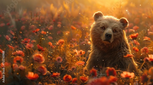 a painting of a brown bear standing in a field of red flowers with the sun shining through the clouds in the background. photo