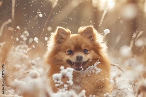 Fun Pomeranian Dog Running in Winter Forest © vanilnilnilla
