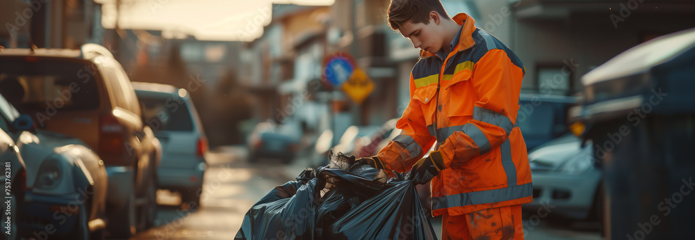 Naklejka premium Caucasian male garbage worker carrying garbage bags in the city.