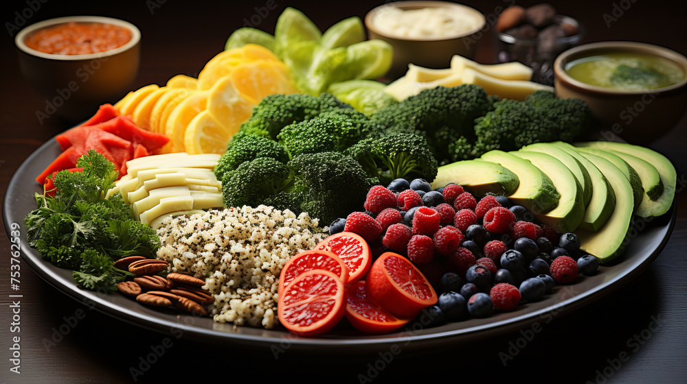 Balanced plate composition: A well-balanced meal on a plate, featuring colorful fruits, vegetables, lean proteins, and whole grains. Balanced plate composition: A well-balanced meal on a plate, featuring colorful fruits, vegetables, lean proteins, and whole grains.