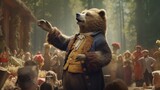 A bear performing a theatrical performance for other forest inhabitants