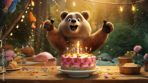 A bear participating in a children's party with animators