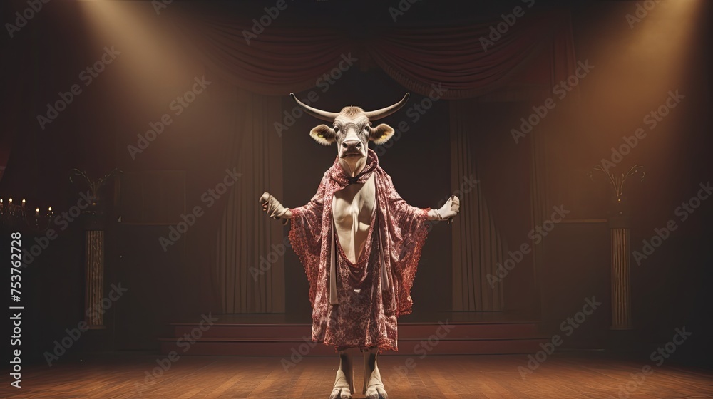 A cow standing on stage and performing opera arias - obrazy, fototapety, plakaty 